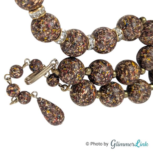 Vintage Brown Confetti Beaded Necklace with Rhinestone Rondelles 1950s - Picture 10 of 12